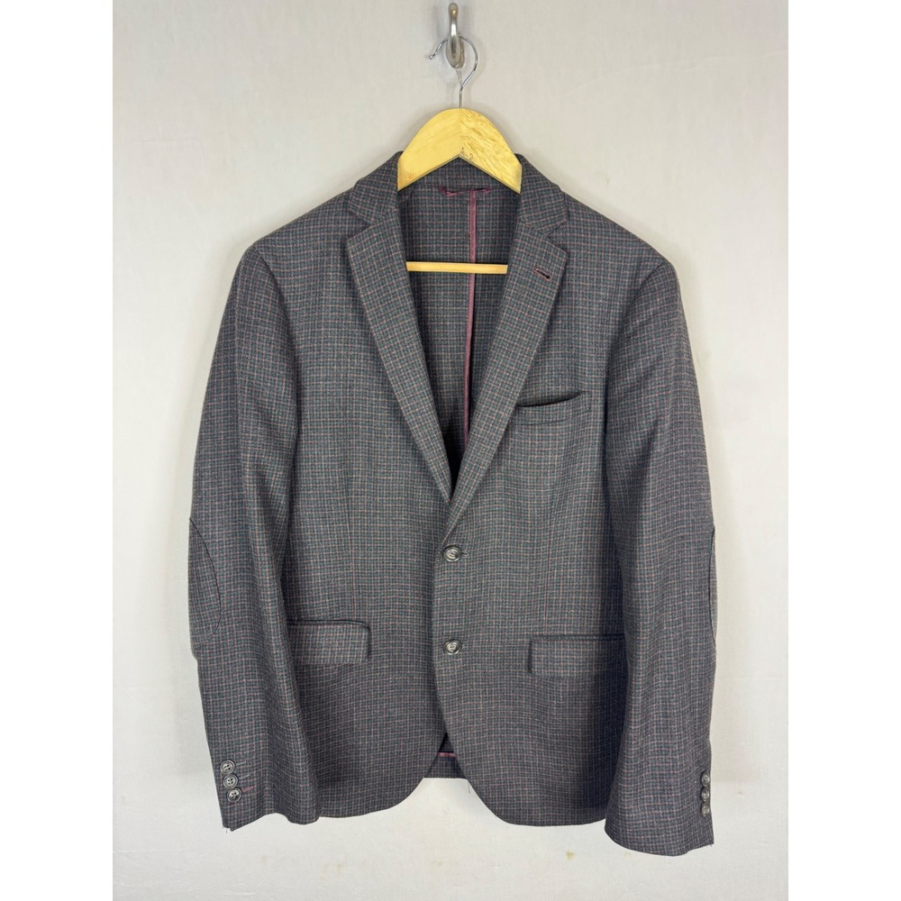 Frank & Oak Laurier Wool Blend Burgundy Plaid Blazer Sport Coat Elbow Patches 38
